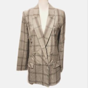 CAbi Style #5470 The Sleuth Blazer, Grey Beige Pink Plaid, Double Breasted, 10